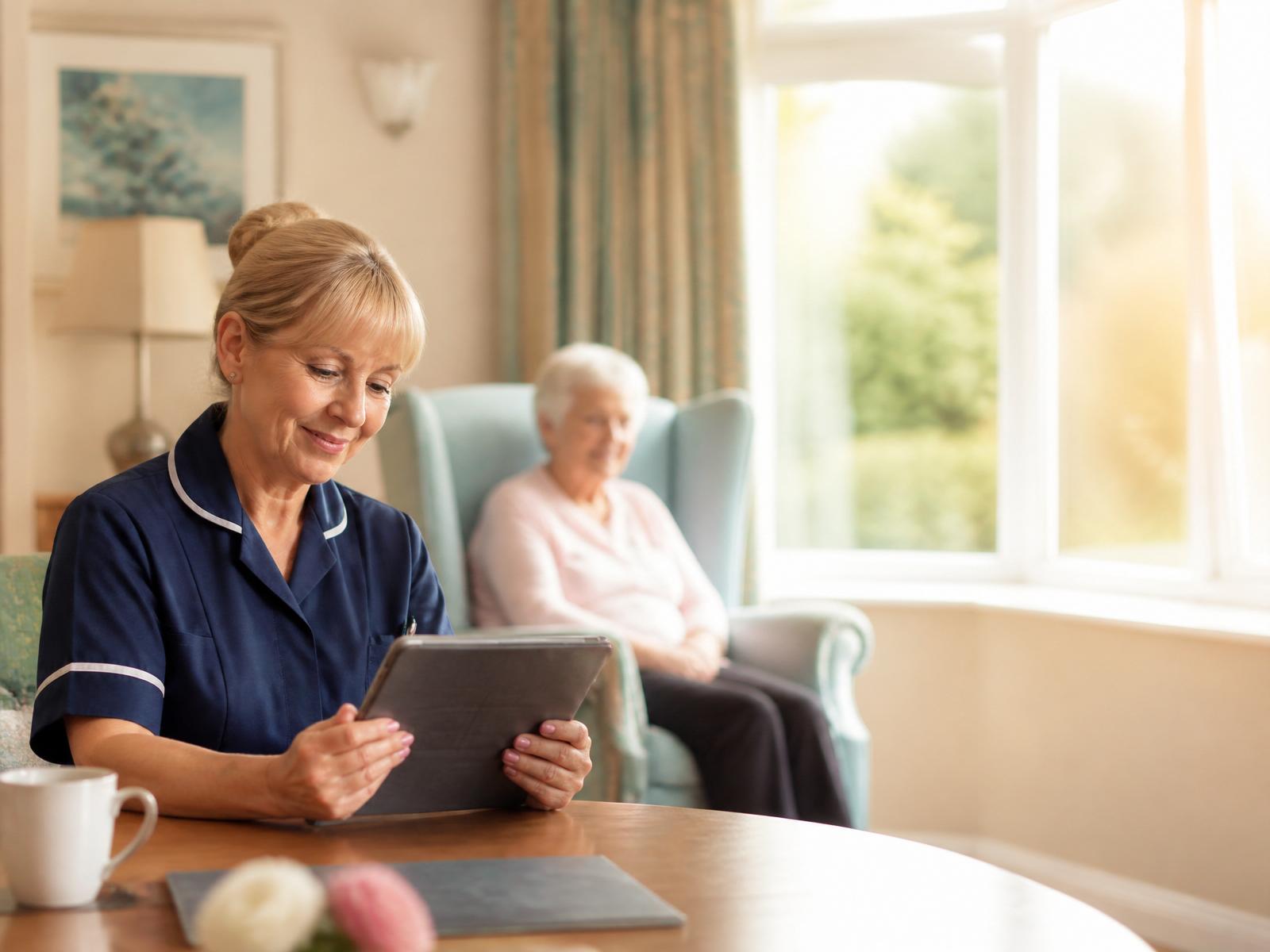 A registered manager in a UK care home reviews compliance on PathoSense on a tablet, with a resident in the background.